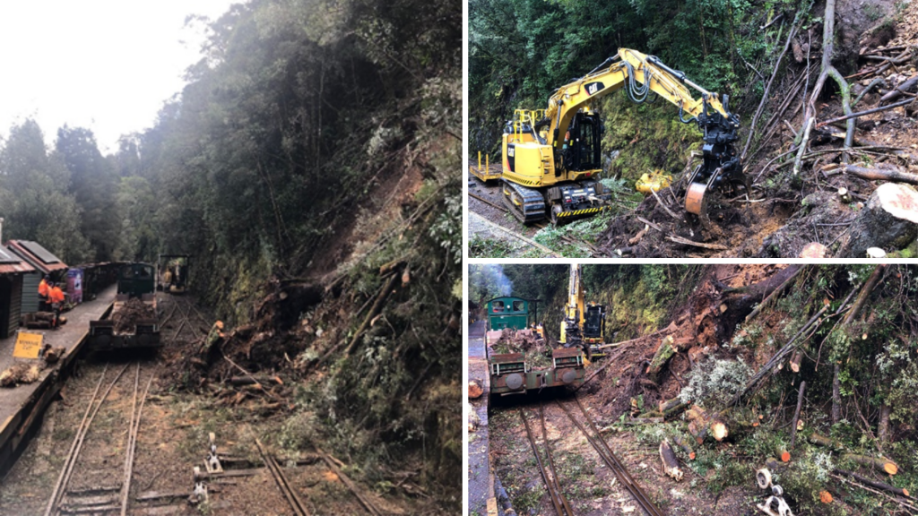 A series of images showing the process of cutting back the trees to clear the railway track.