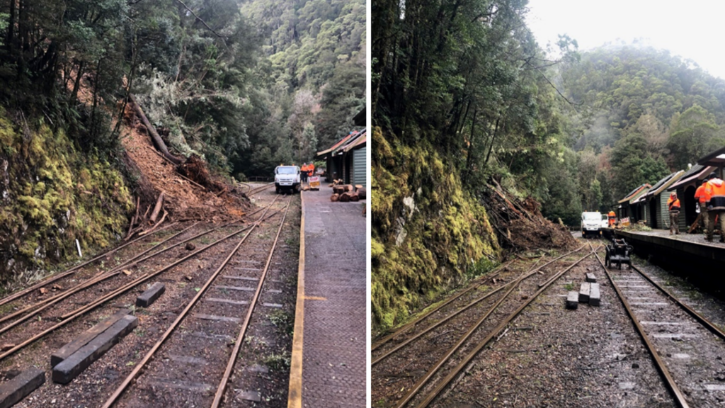 Two images clearly showing the cleared trees, which leaves only the earth from the landslip laying across one of the railway tracks. Workers are present on the platform and a hirail multipurpose vehicle can be seen on the tracks in one image
