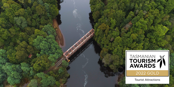 An old, orange iron bridge perches above the King River, stained dark with tannins. On either end of the banks of the river is thick rainforest and vegetation.