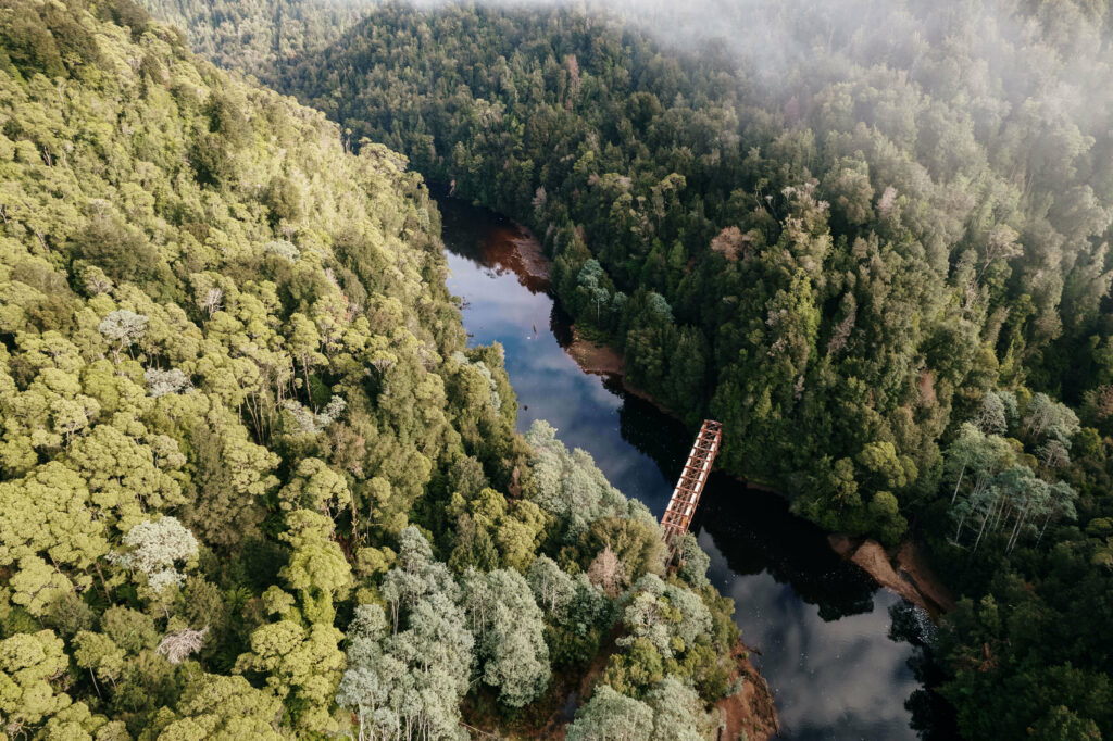 An old, orange iron bridge perches above the King River, stained dark with tannins. On either end of the banks of the river is thick rainforest and vegetation.