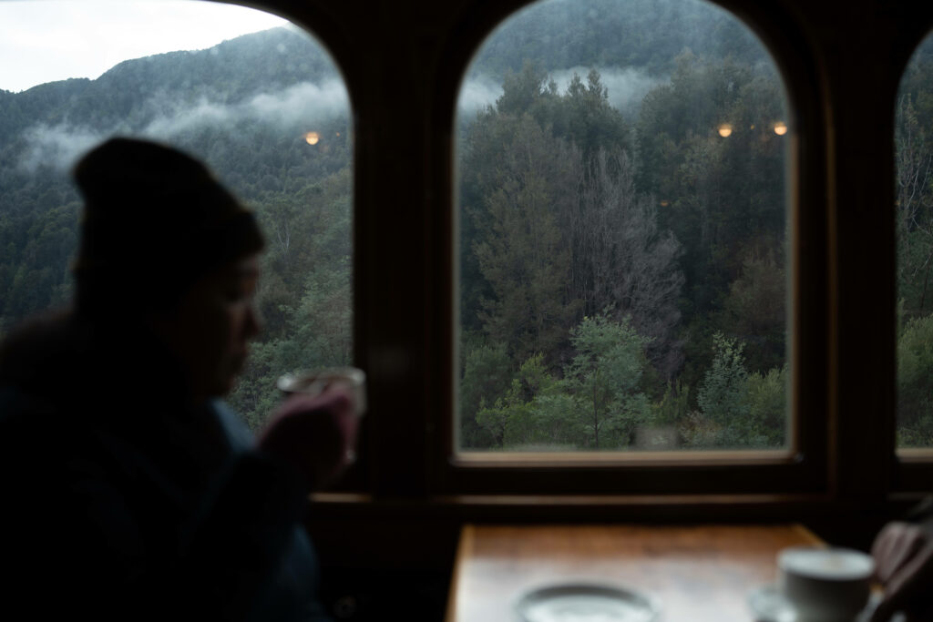 A woman is silhouetted in the foreground whilst sipping something from a mug. A misty rainforest backdrop can be seen through the carriage window behind her.