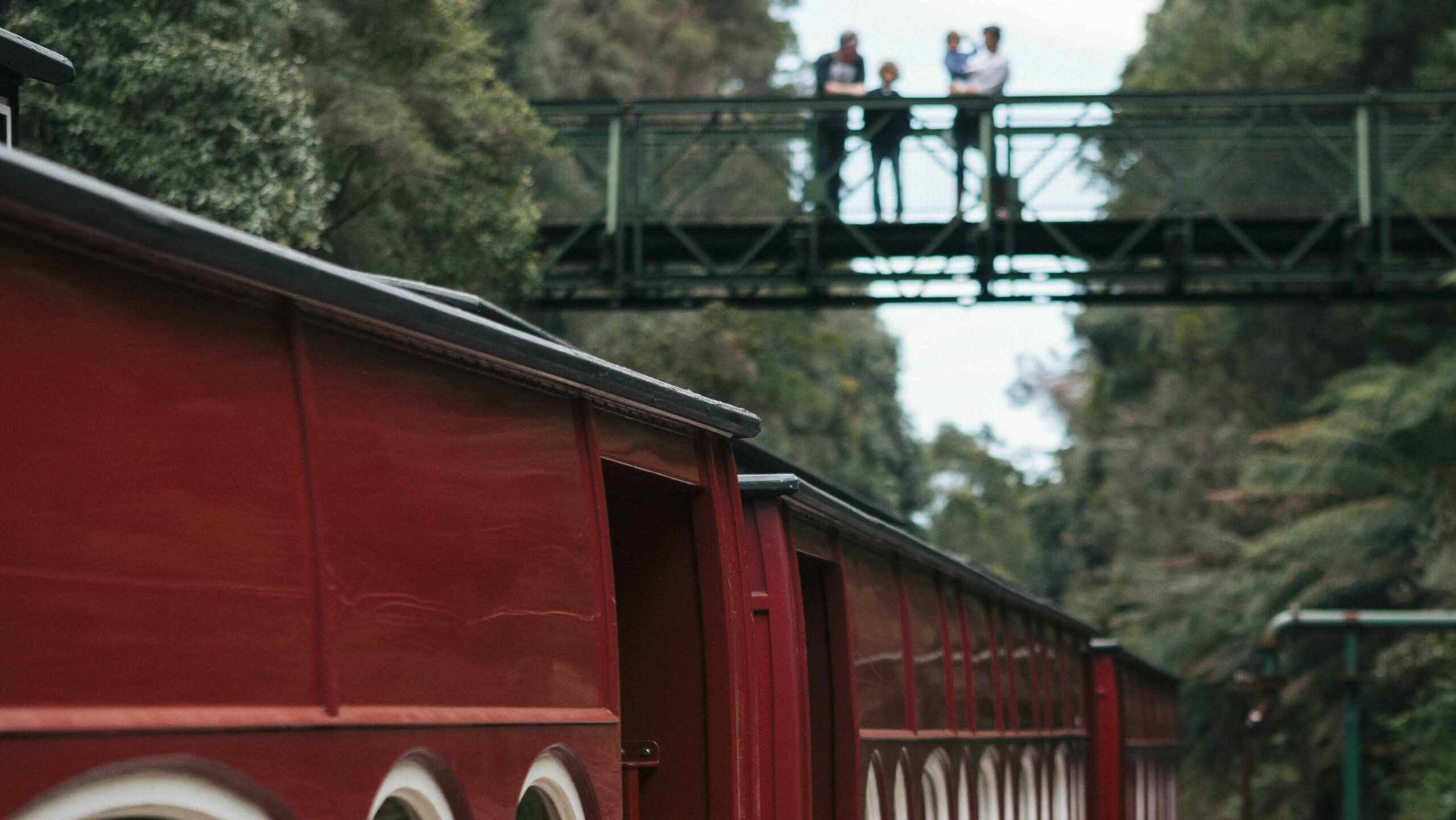 A family of four stand on a footbridge that runs along the top of the railway line. They gaze down at the train and three maroon carriages with a dark green strip down the side. The train sits alongside of the train platform.