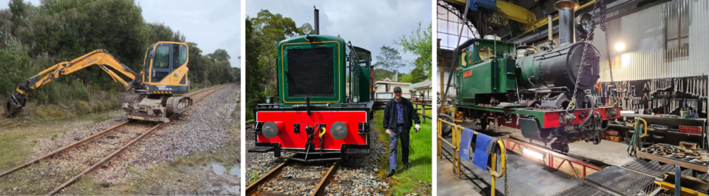 An image series running left to right with an earthmover located on the rails undertaking work to the rail corridor, workshop supervisor Ken walking next to a restored D1, and Abt 3 undergoing work in Carswell Park, being hoisted by the crane above the rail.