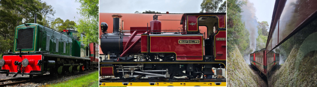 An image gallery from left to right with a restored D1 at Lynchford Station, a shiny red Abt 2 on a truck arrives at Carswell Park and a steam loco runs through a cutting with carriages.